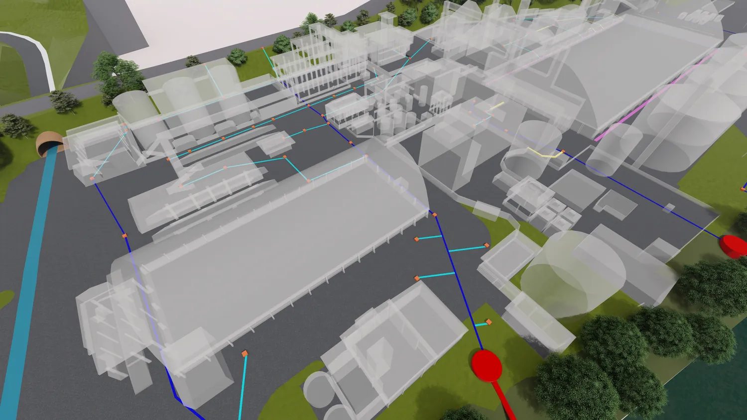 Modelo tridimensional BIM de uma planta industrial, com redes e edificações representadas.